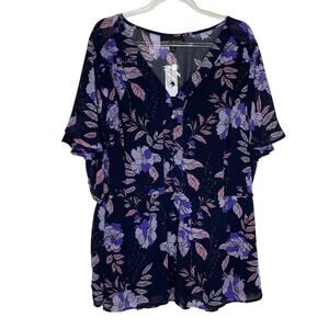 Lane Bryant Womens Size 18 Floral Peplum Blouse Navy Purple Pink Sheer VNeck NEW